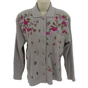 Together Small Gray Cable Knit Embroidered Rose Flower Collared Button Sweater